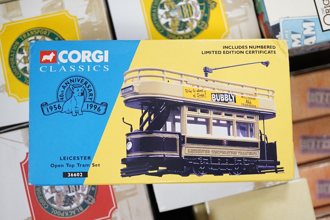Forty-five boxed diecast trams, buses and other commercial vehicles by Corgi Classic, Corgi OOC, and EFE, operators include Leeds tram, the Tate & Lyle Story set, Blackpool Corporation Transport (seven examples), Thornyc